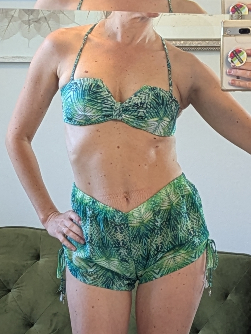 Tropical Palm Swimsuit Bikini Bandeau Top and Shorts Metal Accents Size Small
